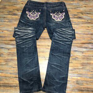 Liuce's Jeans Whiskered Distressed Purple Embroidered Rhinestones Womens Size 9